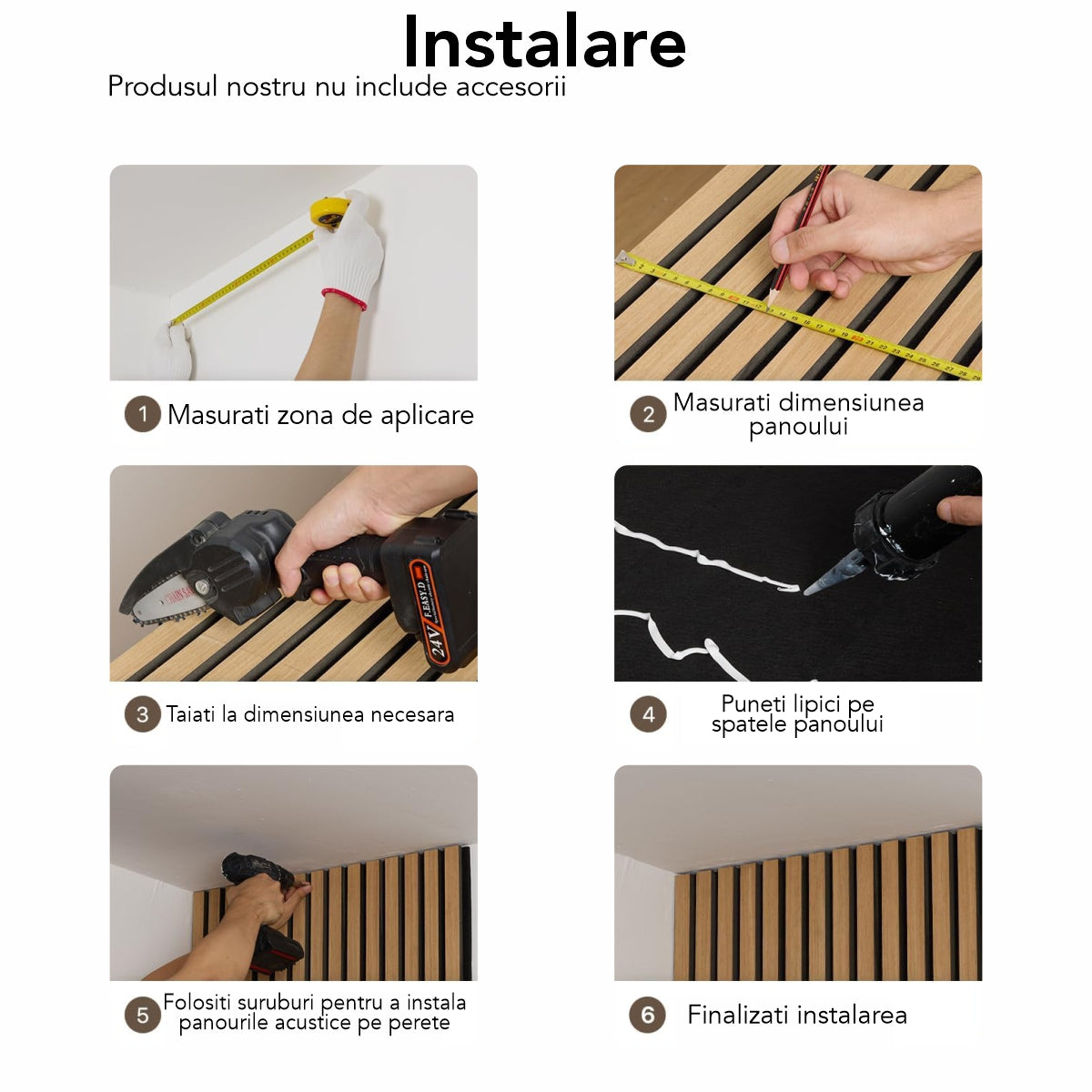 Set 5 Panouri riflaje acustice decorative, MDF si pasla, Naimeed D6772, 60x40x2.1cm, Stejar inchs/Negru