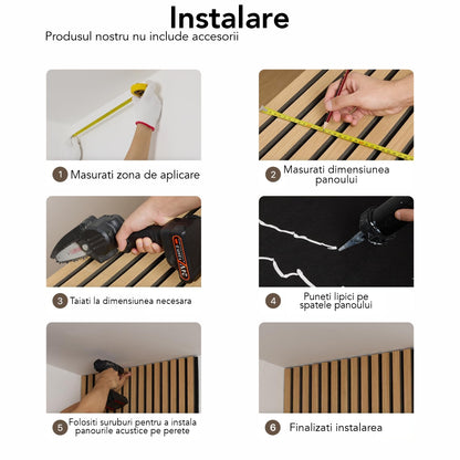 Set 5 Panouri riflaje acustice decorative, MDF si pasla, Naimeed D6772, 60x40x2.1cm, Stejar inchs/Negru