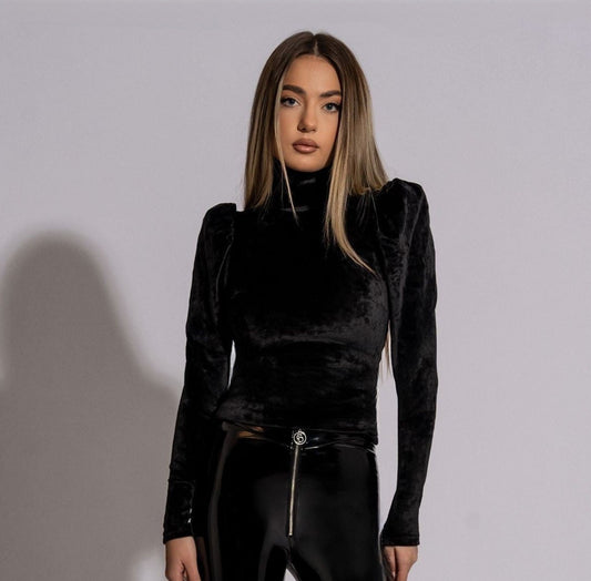 Helanca dama neagra din catifea cu maneca balon Fallen Angel