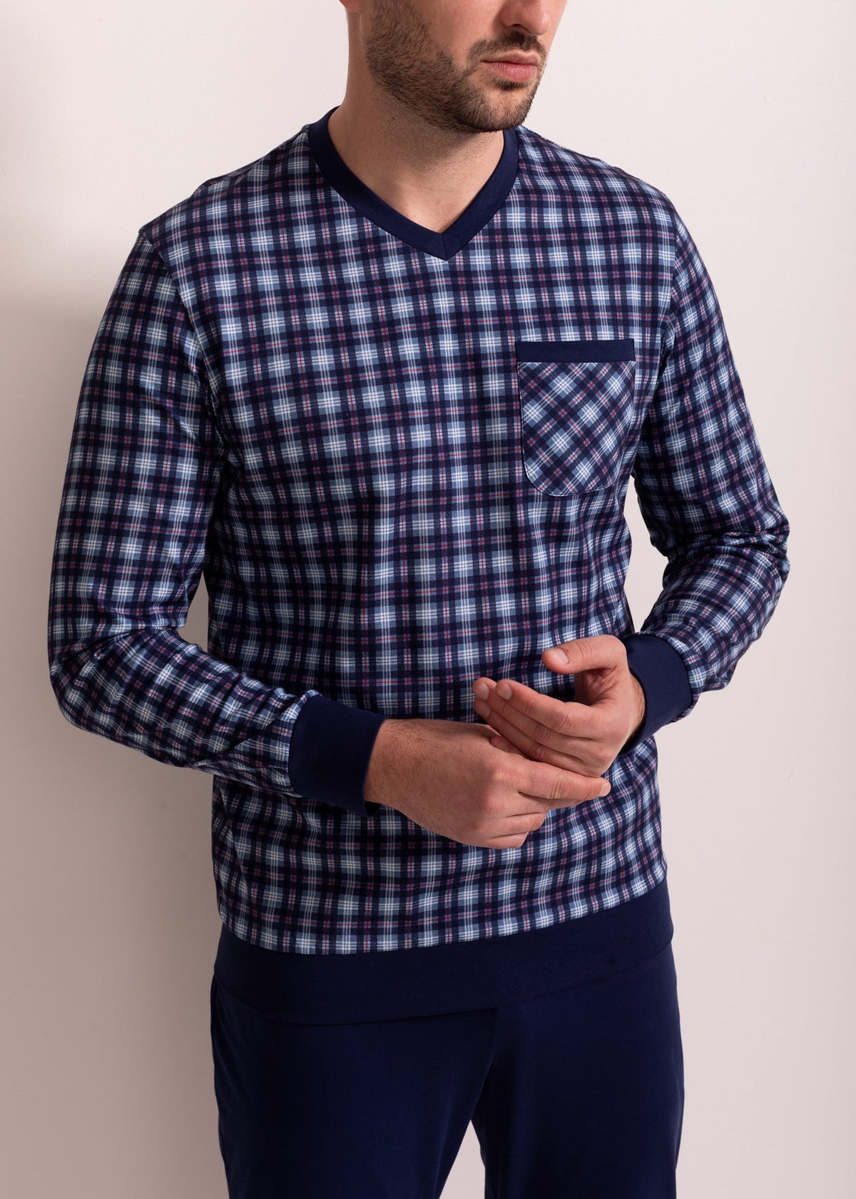 Pijama Bărbați Tartan Denim Bumbac
