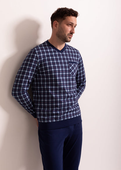 Pijama Bărbați Tartan Denim Bumbac