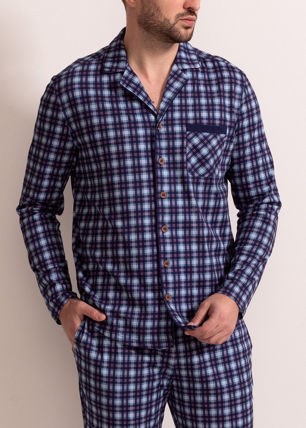 Pijama Bărbați Tartan Denim Bumbac