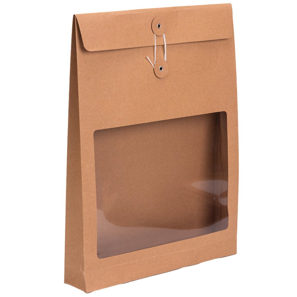 Pungă stand up cu fereastră și închidere cu sfoară - kraft (set 10 buc) 36x27x5cm