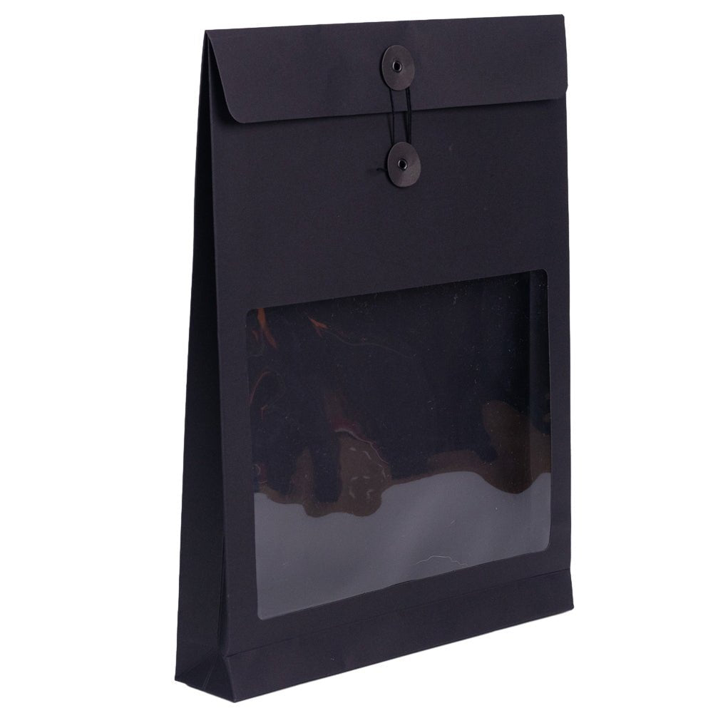 Pungă stand up cu fereastră și închidere cu sfoară - negru (set 10 buc) 36x27x5cm
