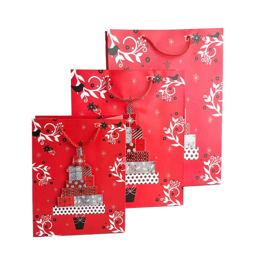 Pungi cadou Crăciun roșii 3D cu slipici model aleatoriu (set 12 buc)