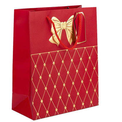 Pungi cadou cu mâner model fundă și romburi aurii 15x12x7cm - roșu (set 12 buc)