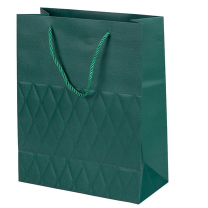 Pungi cadou cu mâner model fundă și romburi aurii 15x12x7cm - verde închis (set 12 buc)