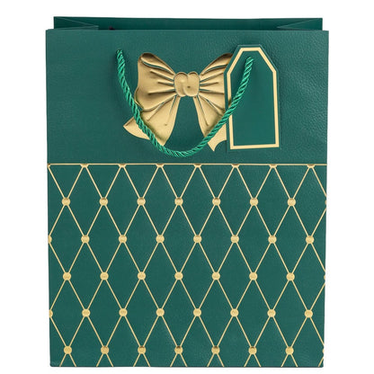 Pungi cadou cu mâner model fundă și romburi aurii 15x12x7cm - verde închis (set 12 buc)