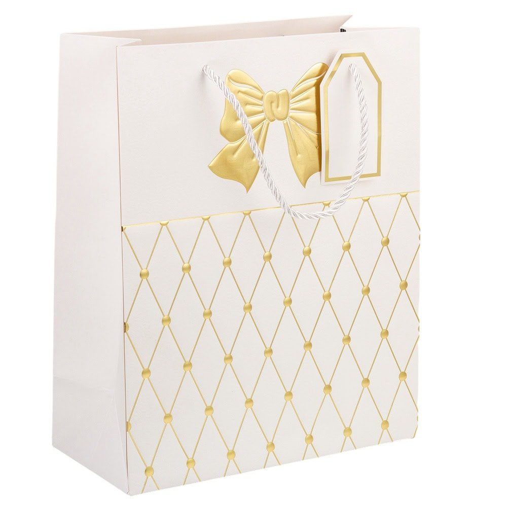 Pungi cadou cu mâner model fundă și romburi aurii 18x23x10cm - alb (set 12 buc)