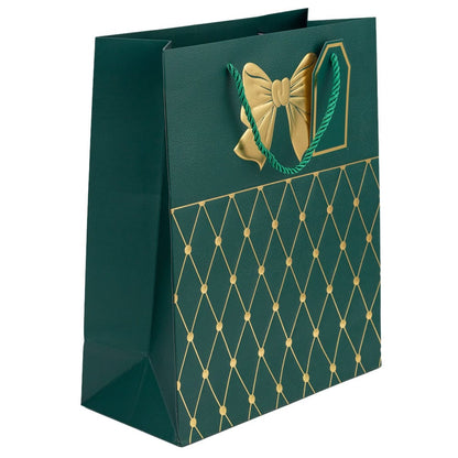 Pungi cadou cu mâner model fundă și romburi aurii 18x23x10cm - verde închis (set 12 buc)