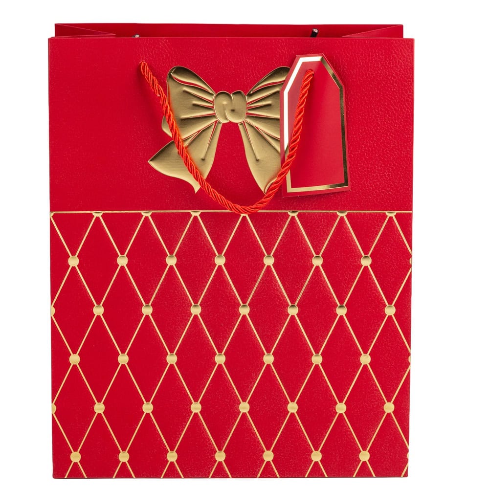 Pungi cadou cu mâner model fundă și romburi aurii 26x32x12cm - roșu (set 12 buc)