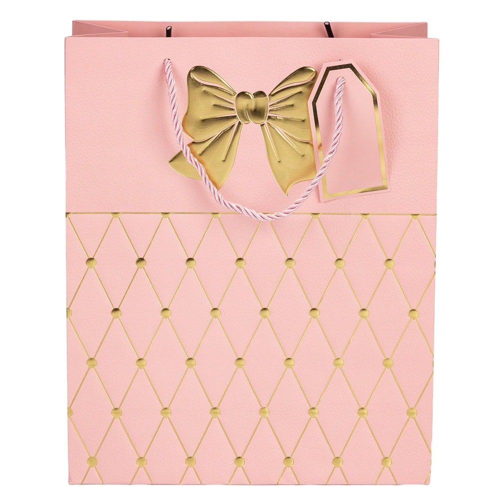 Pungi cadou cu mâner model fundă și romburi aurii 26x32x12cm - roz (set 12 buc)