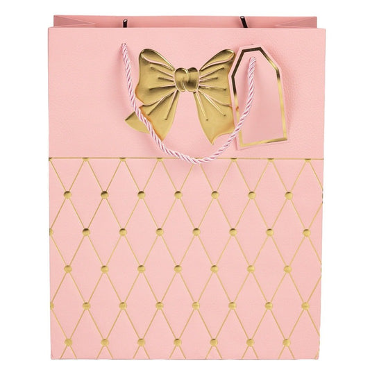 Pungi cadou cu mâner model fundă și romburi aurii 26x32x12cm - roz (set 12 buc)