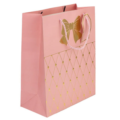 Pungi cadou cu mâner model fundă și romburi aurii 26x32x12cm - roz (set 12 buc)