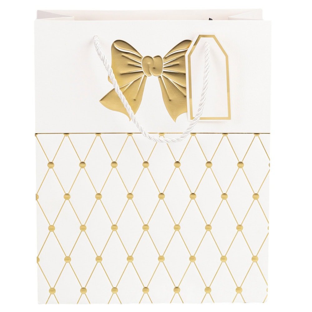 Pungi cadou cu mâner model fundă și romburi aurii 31x42x12cm - alb (set 12 buc)