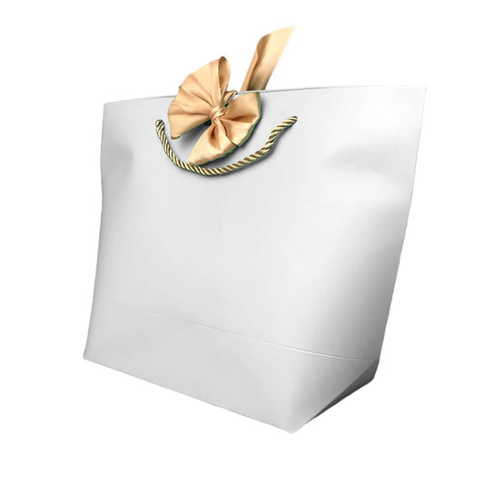 Pungi cadou cu mâner și fundă aurie - alb (set 12 buc)