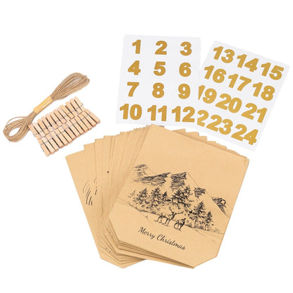 Pungi kraft advent Crăciun cu sfoară, clipsuri și stickere mix 6 modele (set 24 buc)