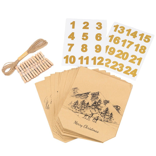 Pungi kraft advent Crăciun cu sfoară, clipsuri și stickere mix 6 modele (set 24 buc)