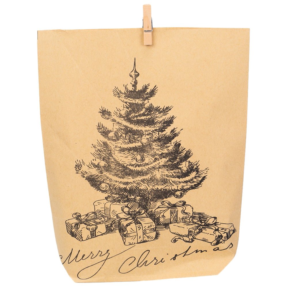 Pungi kraft advent Crăciun cu sfoară, clipsuri și stickere mix 6 modele (set 24 buc)