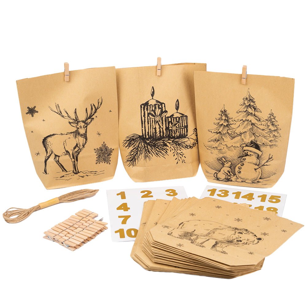 Pungi kraft advent Crăciun cu sfoară, clipsuri și stickere mix 6 modele (set 24 buc)