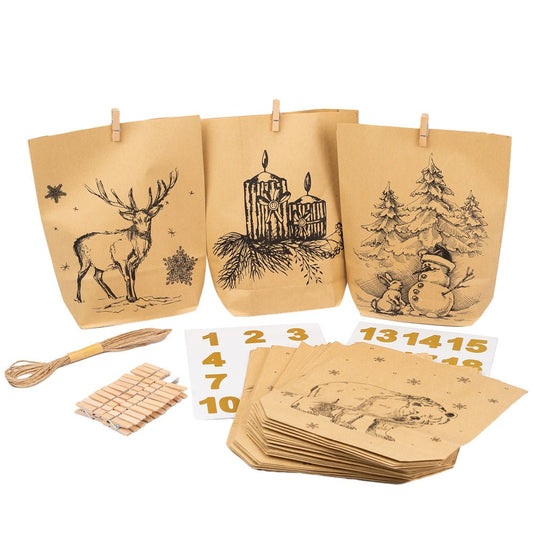 Pungi kraft advent Crăciun cu sfoară, clipsuri și stickere mix 6 modele (set 24 buc)
