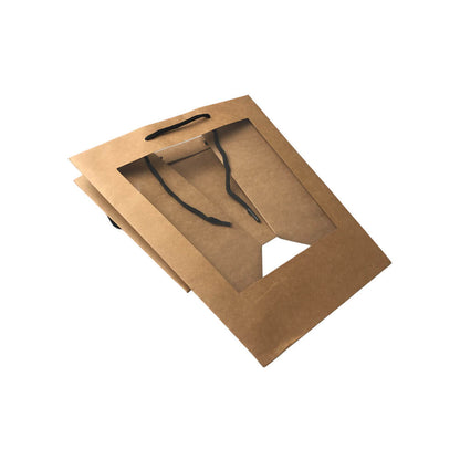 Pungi trapez cu mâner și fereastră - kraft (set 10 buc)