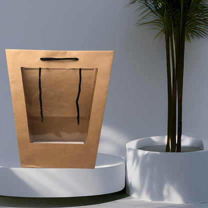 Pungi trapez cu mâner și fereastră - kraft (set 10 buc)