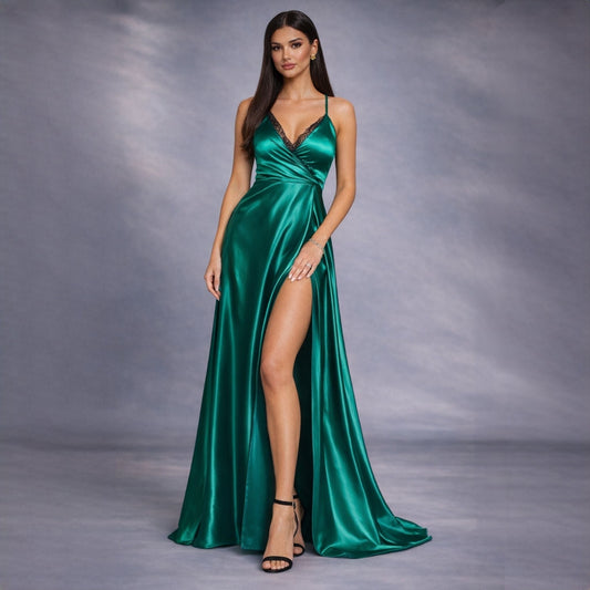 Rochie verde lunga din satin cu dantela Sensation