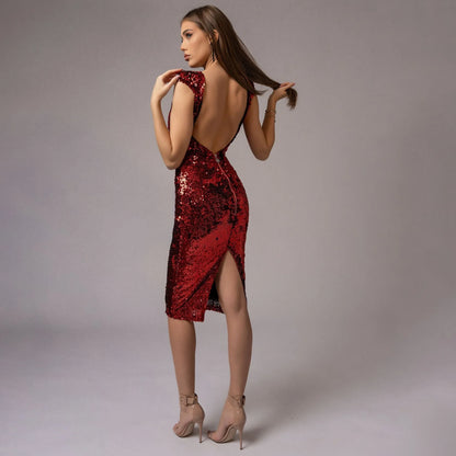 Rochie midi din paiete rosii cu spatele gol Revenge