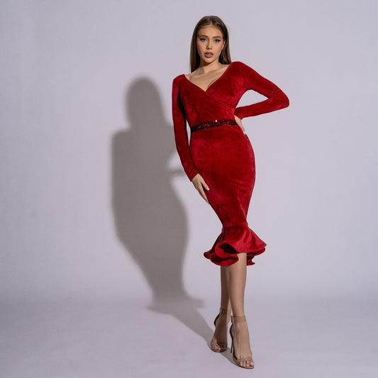 Rochie rosie din catifea cu volan Red Diamond