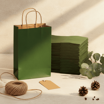 Sacoșe hârtie cu mâner răsucit - verde închis (set 12 buc)