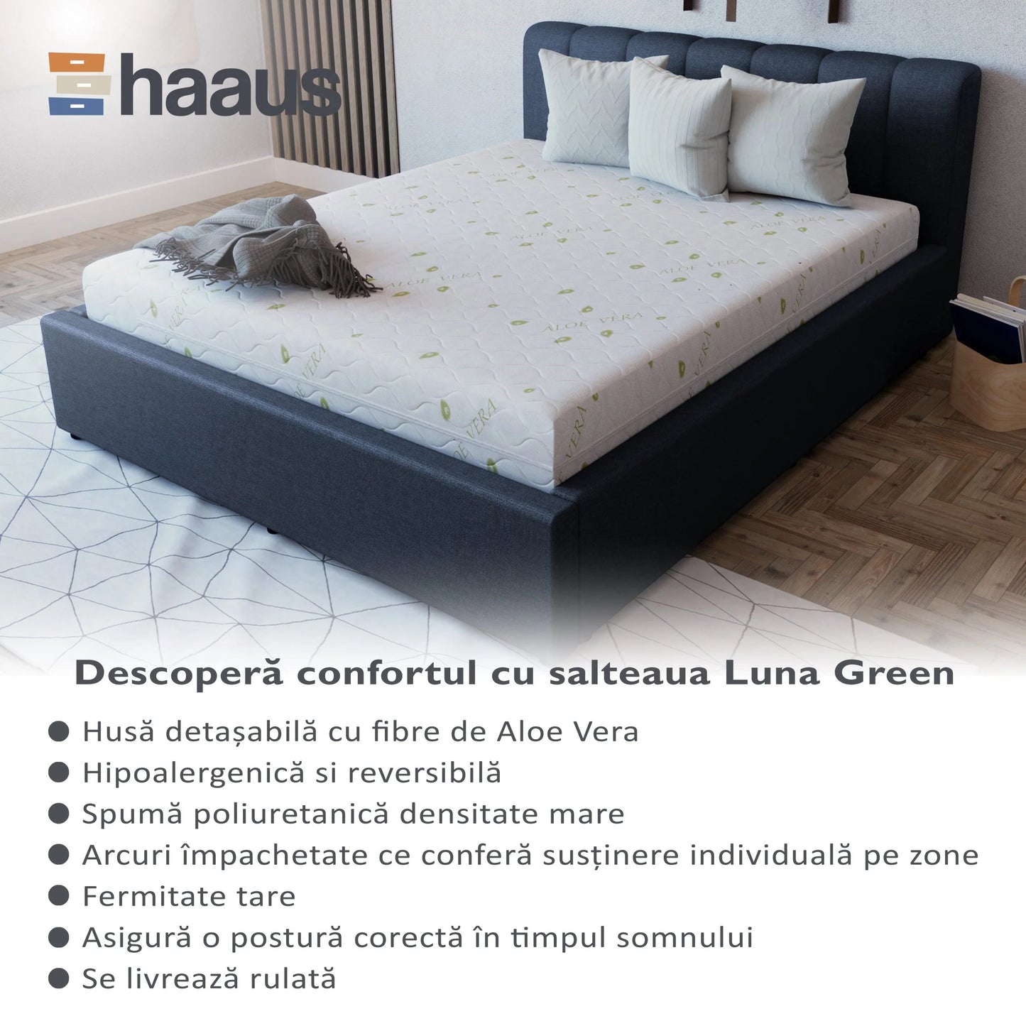 Saltea Ortopedica Luna Green, Aloe Vera, arcuri impachetate, husa detasabila, 90 x 200 x 20 cm
