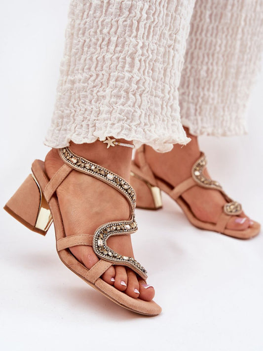 Sandale cu toc Step in style, Model 212357, Bej - material piele artificiala piele  Footbed imitație de piele  Înălţimea tocului 6.5 cm