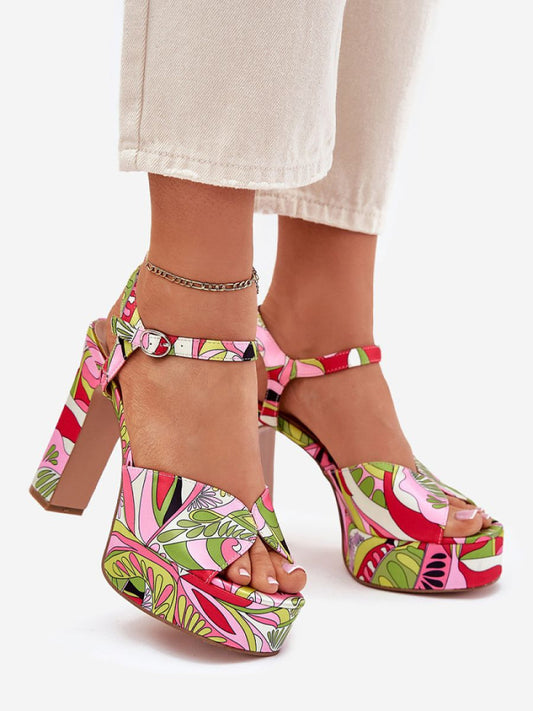 Sandale cu toc Step in style, Model 214389, Roz - material pânză  Footbed imitație de piele  Înălţimea tocului 12 cm Înălţimea platformei 3.5 cm