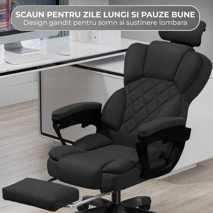 Scaun de Birou cu Masaj TimeBox – Reglabil pe Inaltime, Functie de Masaj cu Vibratii, Spatar Rabatabil 125°, Suport pentru Picioare Retractabil, Tetiera Reglabila, Rotire 360°, Captuseala Densa din Spuma, Design Ergonomic, Negru - 221.ro