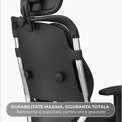Scaun Ergonomic de Birou Timebox – Design Bi-Spine Inteligent, Tetiera Reglabila 3D, Suport Lombar, Cotiere 3D, Spatar Din Piele Premium si Cadru Metalic, Manere Rotative, Negru - 221.ro