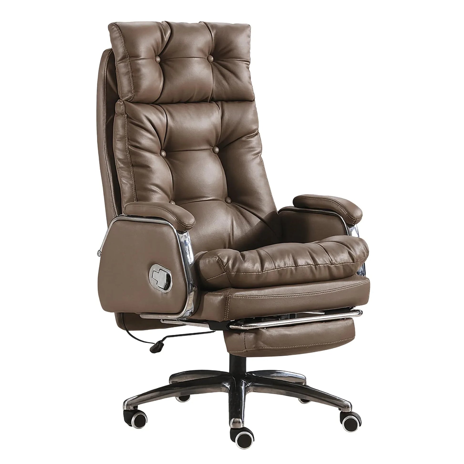 Scaun de Birou Ergonomic cu Masaj in 7 Puncte, Inclinare 155°, Suport Retractabil Picioare, Piele Premium, Captuseala Groasa, Rotire 360°, Reglabil pe Inaltime – Ideal pentru Office, Gaming, Relaxare Acasa, Maro - 221.ro