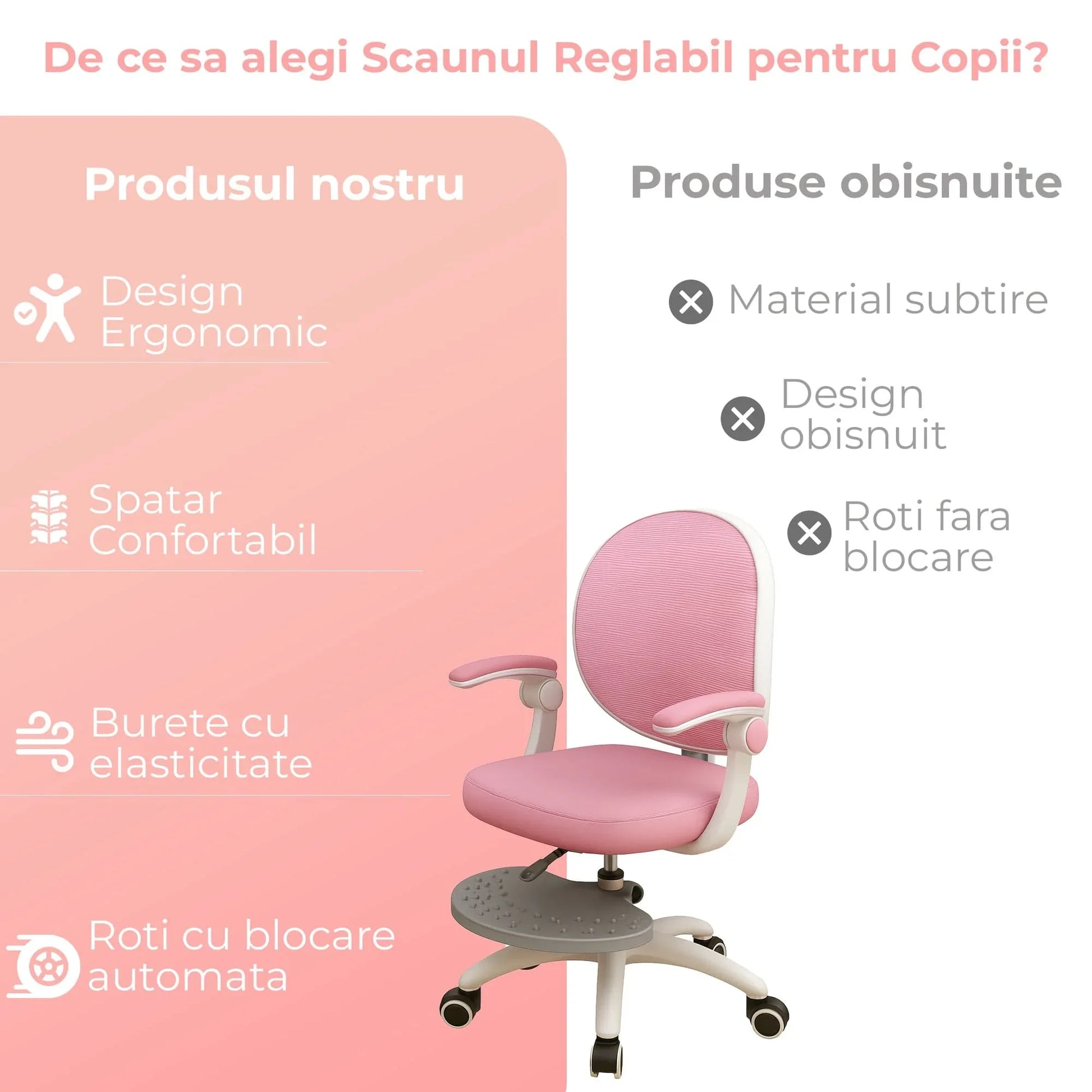 Scaun Reglabil pentru Copii – Model Ergonomic cu Spatar Confortabil, Ideal pentru Birou sau Camera de Studiu, Potrivit pentru Elevi si Scolari, Inaltime Ajustabila, Design Stabil pentru Sesiuni Lungi la Birou sau Scris, Roz - 221.ro