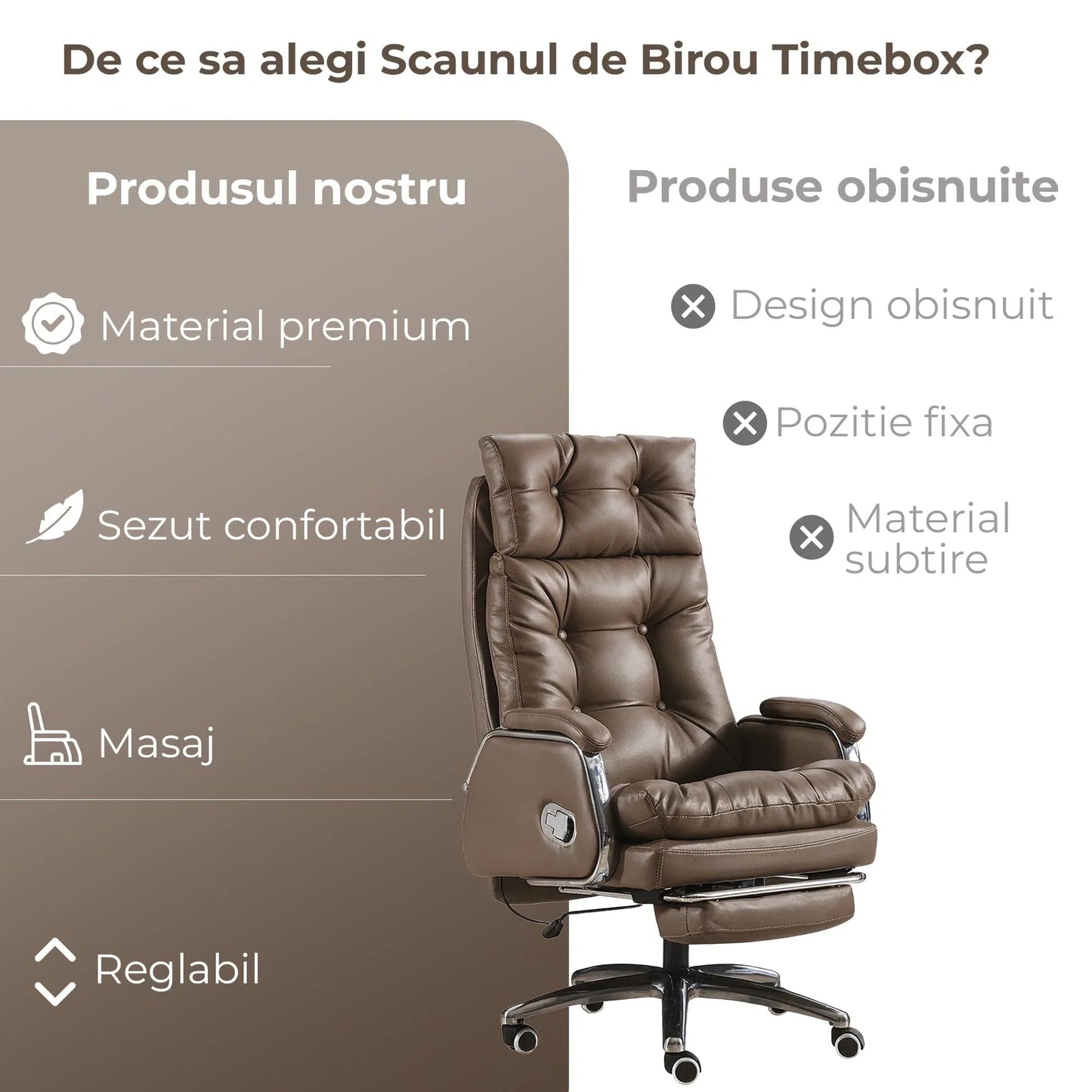 Scaun de Birou Ergonomic cu Masaj in 7 Puncte, Inclinare 155°, Suport Retractabil Picioare, Piele Premium, Captuseala Groasa, Rotire 360°, Reglabil pe Inaltime – Ideal pentru Office, Gaming, Relaxare Acasa, Maro - 221.ro
