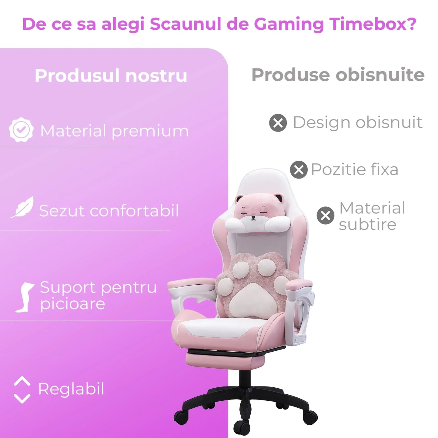 Scaun Gaming Timebox – Design Ergonomic, Piele PU Premium, Spatar Reglabil 135°, Suport pentru Picioare Retractabil, Rotire 360°, Perna Confortabila, Brate Sincron, Piston SGS, Baza Solida, Roz - 221.ro