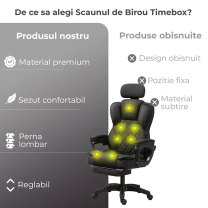 Scaun de Birou cu Masaj TimeBox – Reglabil pe Inaltime, Functie de Masaj cu Vibratii, Spatar Rabatabil 125°, Suport pentru Picioare Retractabil, Tetiera Reglabila, Rotire 360°, Captuseala Densa din Spuma, Design Ergonomic, Negru - 221.ro