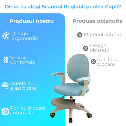 Scaun Reglabil pentru Copii – Model Ergonomic cu Spatar Confortabil, Ideal pentru Birou sau Camera de Studiu, Potrivit pentru Elevi si Scolari, Inaltime Ajustabila, Design Stabil pentru Sesiuni Lungi la Birou sau Scris, Albastru - 221.ro