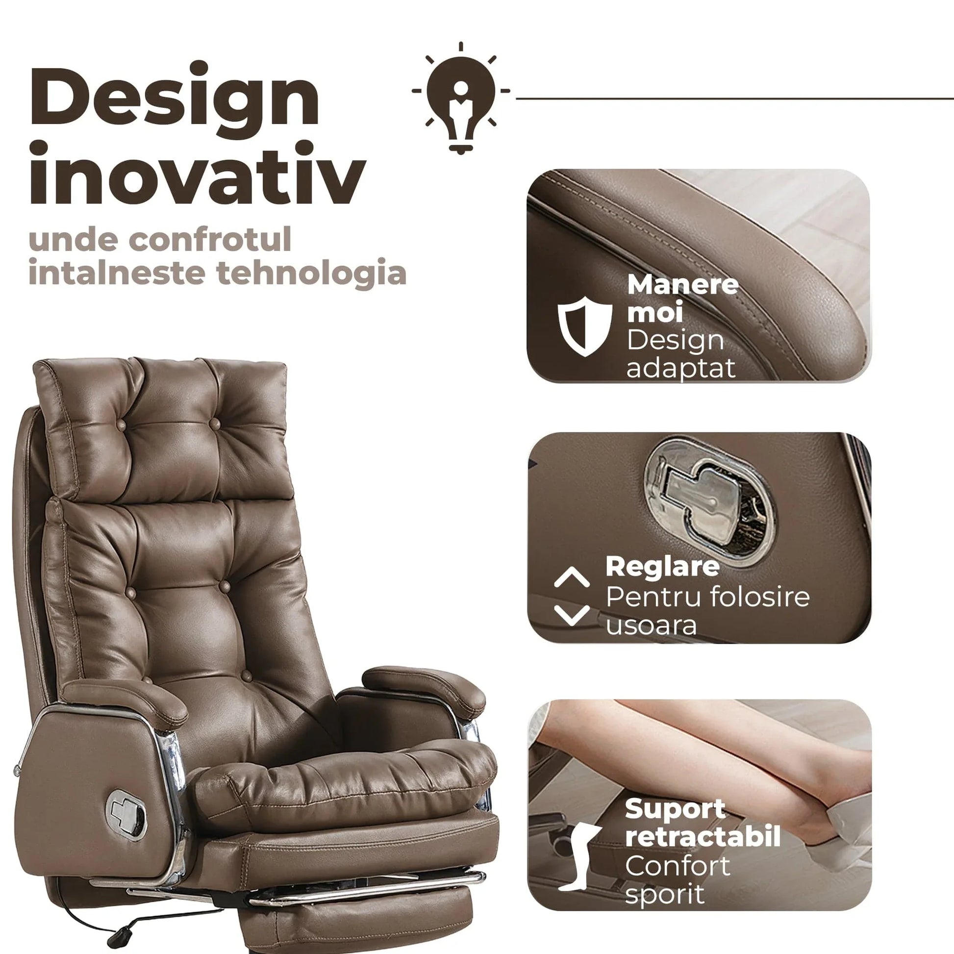 Scaun de Birou Ergonomic cu Masaj in 7 Puncte, Inclinare 155°, Suport Retractabil Picioare, Piele Premium, Captuseala Groasa, Rotire 360°, Reglabil pe Inaltime – Ideal pentru Office, Gaming, Relaxare Acasa, Maro - 221.ro