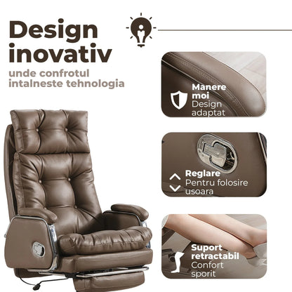 Scaun de Birou Ergonomic cu Masaj in 7 Puncte, Inclinare 155°, Suport Retractabil Picioare, Piele Premium, Captuseala Groasa, Rotire 360°, Reglabil pe Inaltime – Ideal pentru Office, Gaming, Relaxare Acasa, Maro - 221.ro
