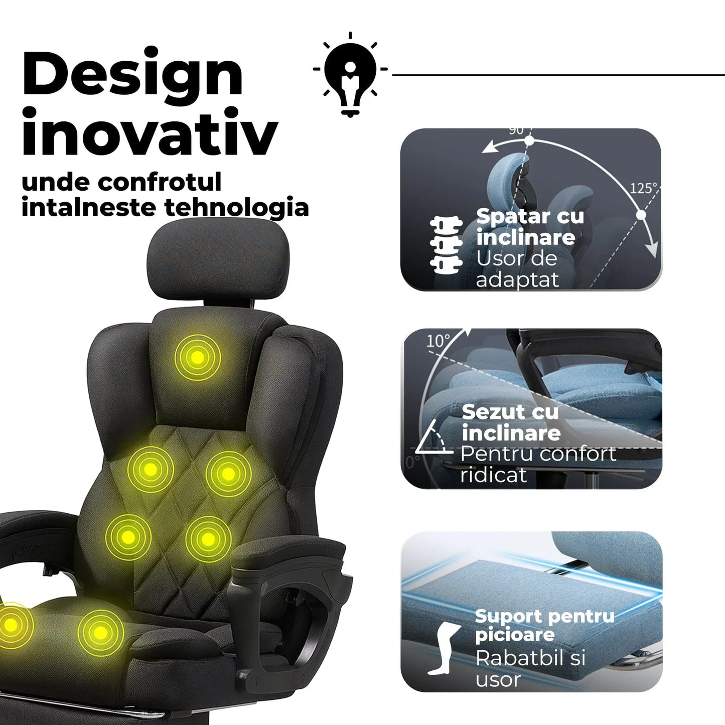 Scaun de Birou cu Masaj TimeBox – Reglabil pe Inaltime, Functie de Masaj cu Vibratii, Spatar Rabatabil 125°, Suport pentru Picioare Retractabil, Tetiera Reglabila, Rotire 360°, Captuseala Densa din Spuma, Design Ergonomic, Negru - 221.ro