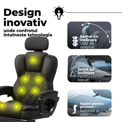 Scaun de Birou cu Masaj TimeBox – Reglabil pe Inaltime, Functie de Masaj cu Vibratii, Spatar Rabatabil 125°, Suport pentru Picioare Retractabil, Tetiera Reglabila, Rotire 360°, Captuseala Densa din Spuma, Design Ergonomic, Negru - 221.ro