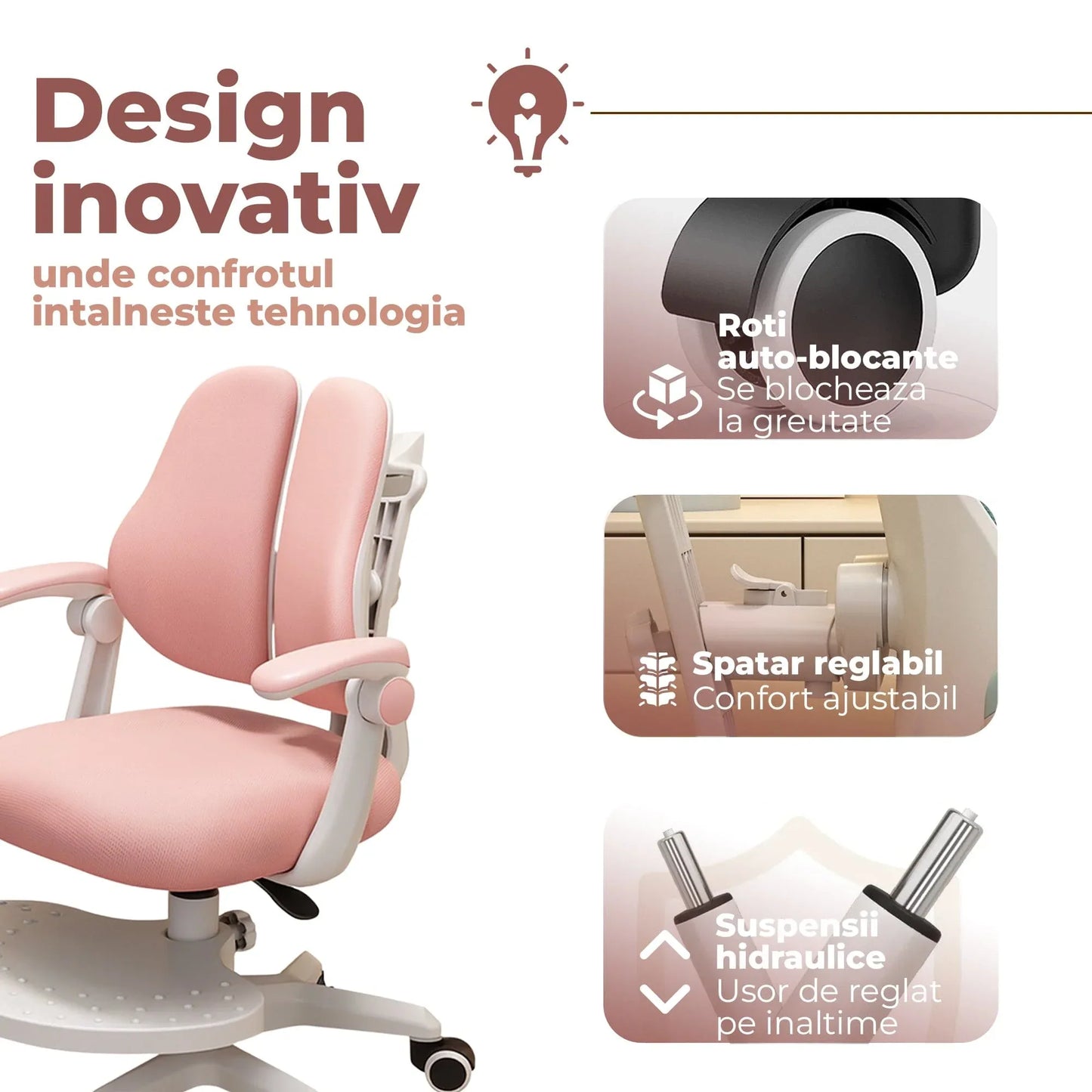 Scaun ergonomic copii, Spatar confortabil, Rglaj inaltime, Rotativ, Sezut moale, Brate rabatabile, Suport picioare reglabil, Roti auto-blocante, Roz - 221.ro