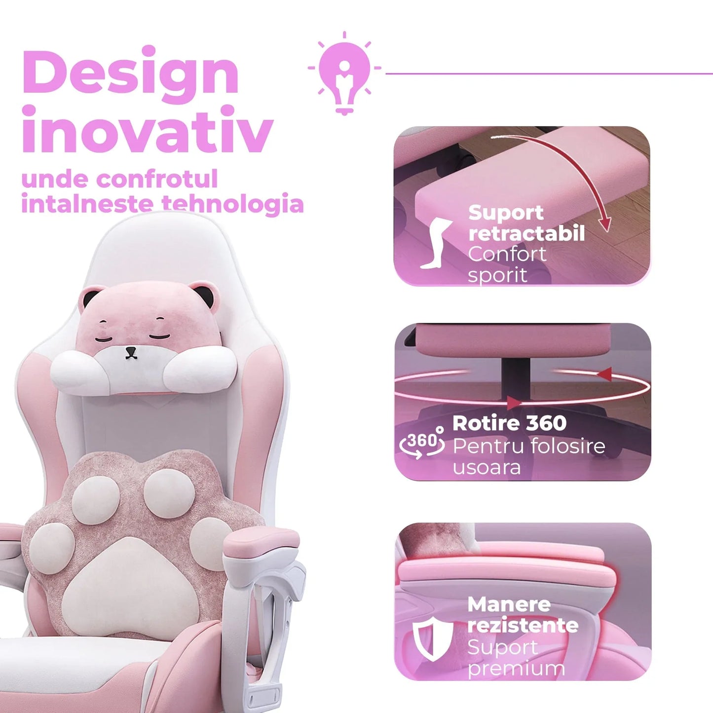 Scaun Gaming Timebox – Design Ergonomic, Piele PU Premium, Spatar Reglabil 135°, Suport pentru Picioare Retractabil, Rotire 360°, Perna Confortabila, Brate Sincron, Piston SGS, Baza Solida, Roz - 221.ro