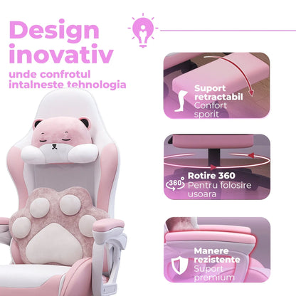 Scaun Gaming Timebox – Design Ergonomic, Piele PU Premium, Spatar Reglabil 135°, Suport pentru Picioare Retractabil, Rotire 360°, Perna Confortabila, Brate Sincron, Piston SGS, Baza Solida, Roz - 221.ro