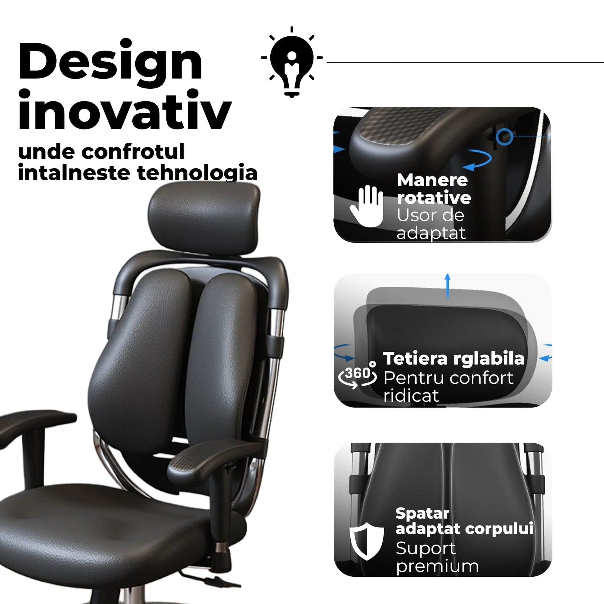 Scaun Ergonomic de Birou Timebox – Design Bi-Spine Inteligent, Tetiera Reglabila 3D, Suport Lombar, Cotiere 3D, Spatar Din Piele Premium si Cadru Metalic, Manere Rotative, Negru - 221.ro
